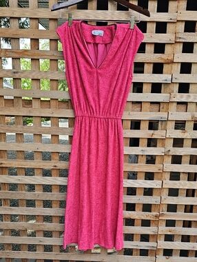 Vintage V-Neck Terry Midi Dress in Pink by Orite
